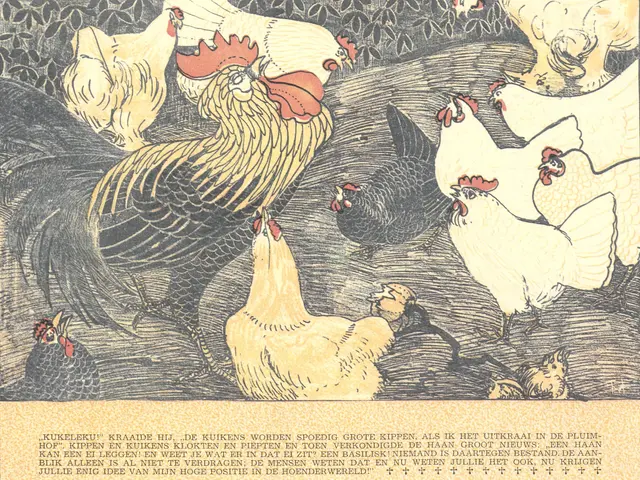 The image shows a poster with a drawing of a group of chickens and hens on it. At the bottom of the...