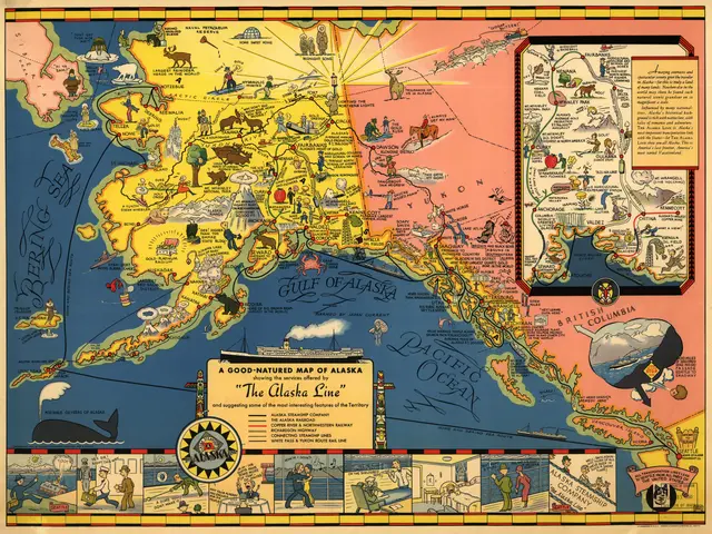 The image shows a poster of a map of Alaska with cartoon images and text. The map is filled with...