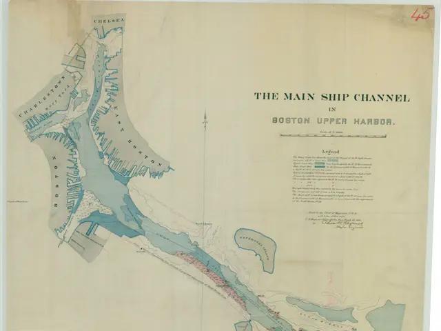 The image shows a paper with a map of the main ship channel in Boston, Massachusetts. The map is...