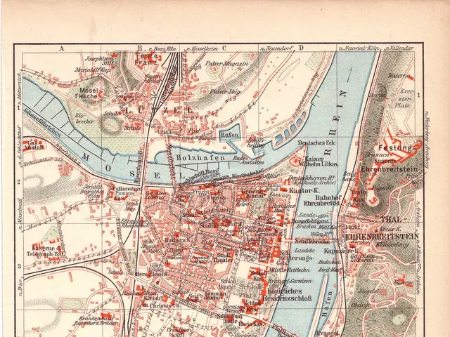 The image shows an old map of the city of Koblenz, Germany, with text at the bottom. The map is...