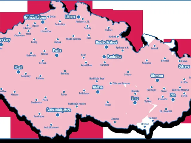 The image shows a map of the Czech Republic with all the major cities and their capitals, as well...