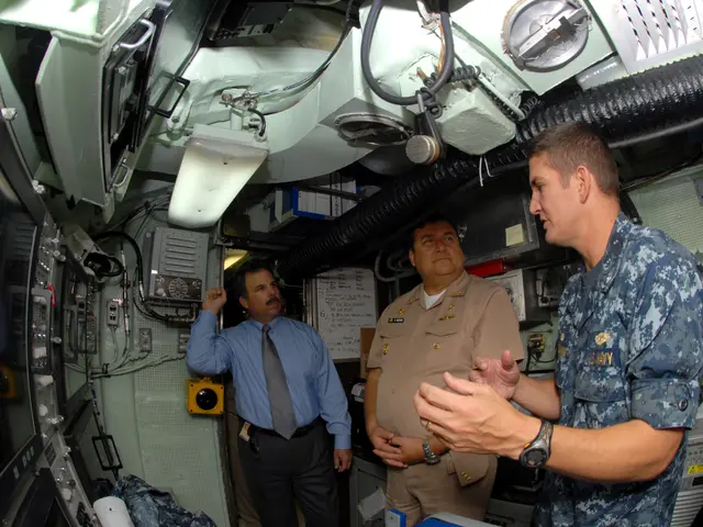 The image shows three men in military uniforms talking to each other inside a space station. On the...