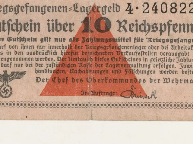 The image shows an old German 10 Reichspfennig banknote with a red triangle on it against a white...