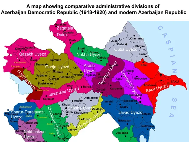 The image shows a poster of a map of Azerbaijan with different colors representing the...