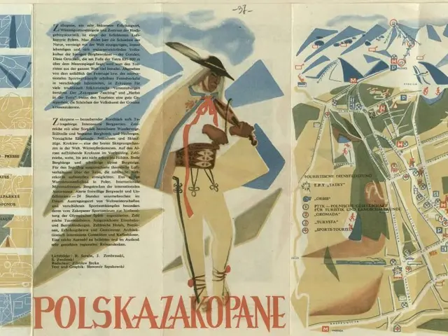 The image shows an old map of the city of Polskazakopane, Poland, with a person standing in the...