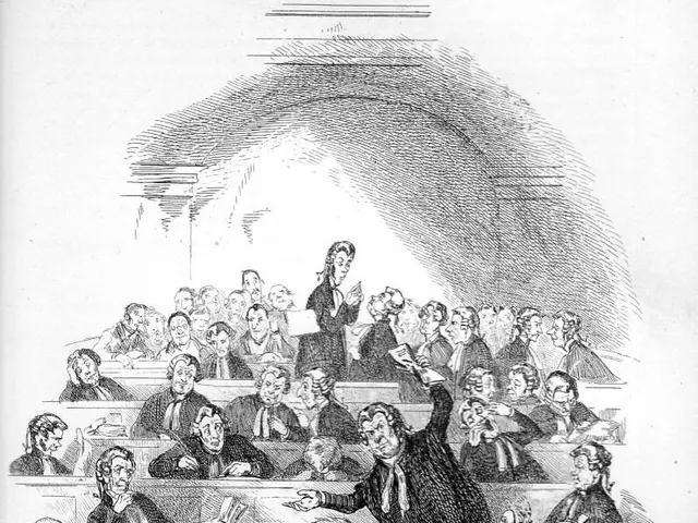 The image shows a black and white drawing of a group of people in a courtroom, with some sitting on...