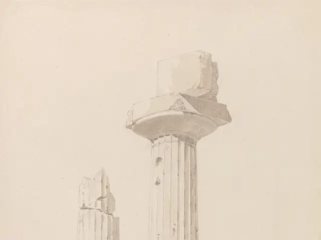 The image shows a drawing of two columns in the middle of a body of water, surrounded by hills and...