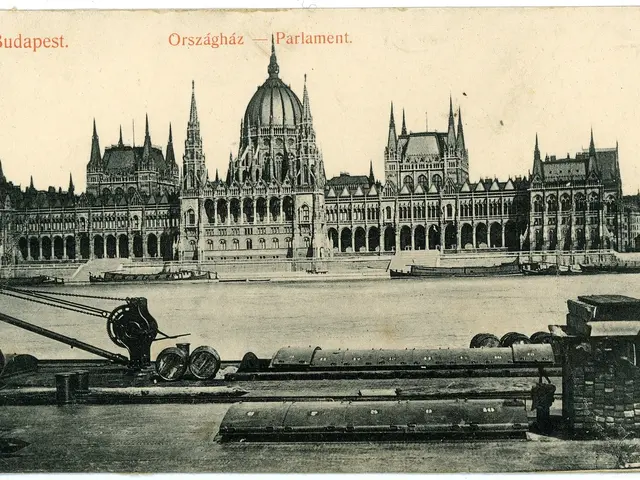 The image shows an old postcard of the Hungarian Parliament Building in Budapest, with a boat on...