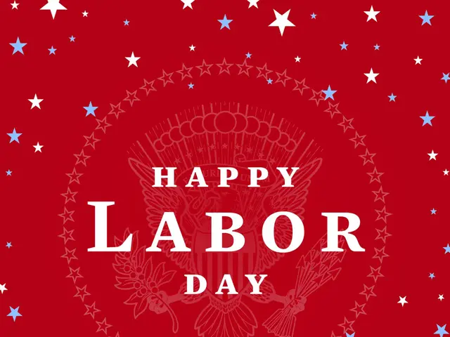 The image shows a poster with the words "Happy Labor Day" written in bold, white lettering against...