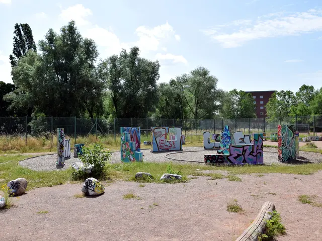 The image shows a park with graffiti on the ground, surrounded by stones, plants, grass, a fence, a...