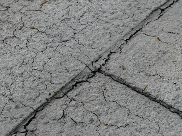 The image shows a close up of a road with a crack running through it, indicating that it has been...