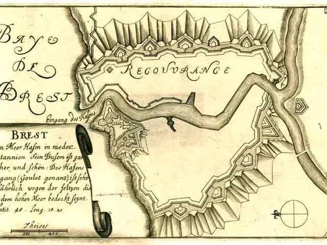 The image shows an old map of the city of Bresst, Germany, with text written on it. The map is...