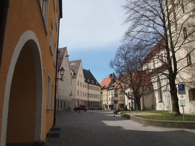 The image shows a cobblestone street in the old town of Heidelberg, Germany. On either side of the...