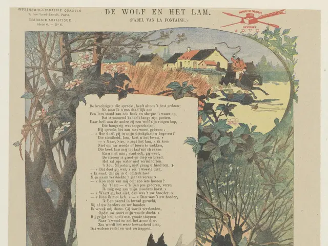 The image shows an old book with a picture of a wolf in the woods, surrounded by trees, plants,...