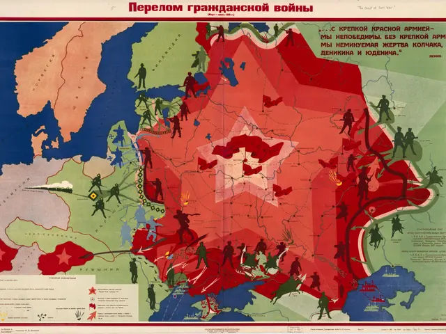 The image shows a poster depicting a map of the Soviet Union with a red and blue color scheme. The...