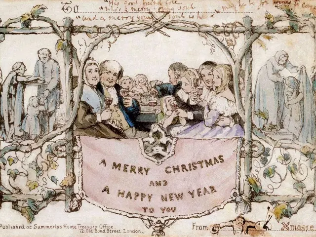 The image shows a group of people gathered around a table, with a banner that reads "A Merry...
