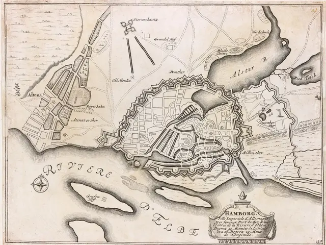 The image shows an old map of the city of Hamburg, Germany. It is a detailed map with text written...