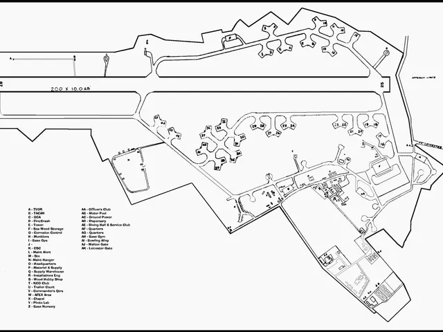 The image shows a black and white drawing of a map of a city with a lot of buildings, which is...