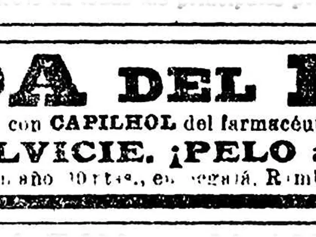 The image shows a black and white newspaper advertisement for the Spanish newspaper Caida del Pelo,...