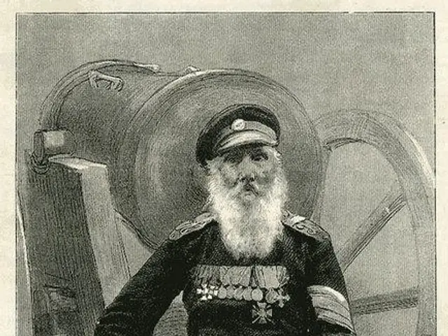 The image shows an old black and white drawing of a man with a long beard wearing a cap and sitting...