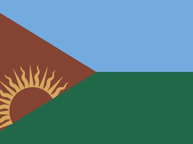 The image shows the flag of Kazakhstan, which is composed of three horizontal stripes of green,...