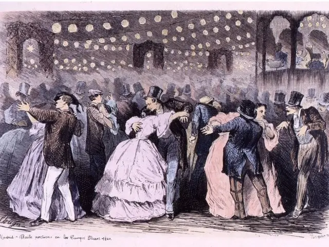 The image shows a group of people dancing in a ballroom, illuminated by lights and surrounded by...