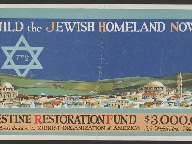 The image shows a poster with text and images of buildings, hills, and a star symbol against a...