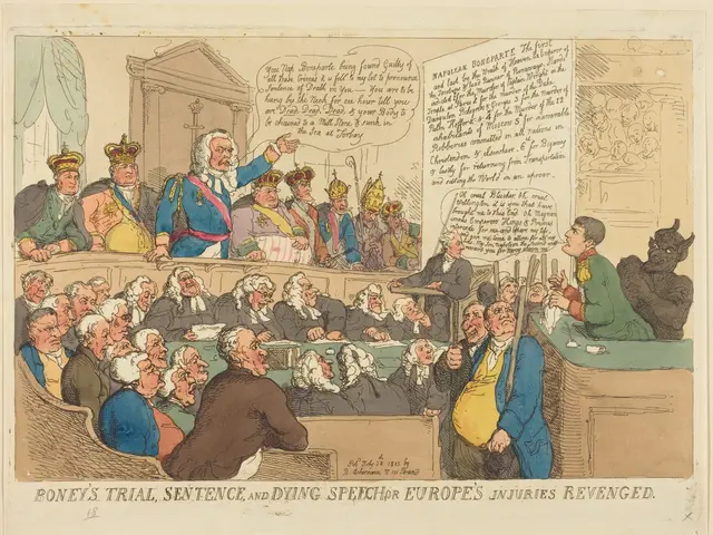 The image shows a cartoon depicting a group of people sitting in a courtroom, with a man standing...