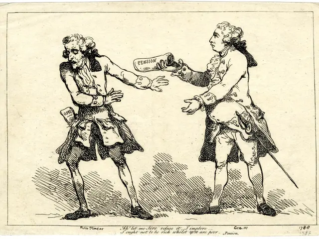 The image shows a cartoon depicting two men in renaissance clothing, one of whom is holding a paper...