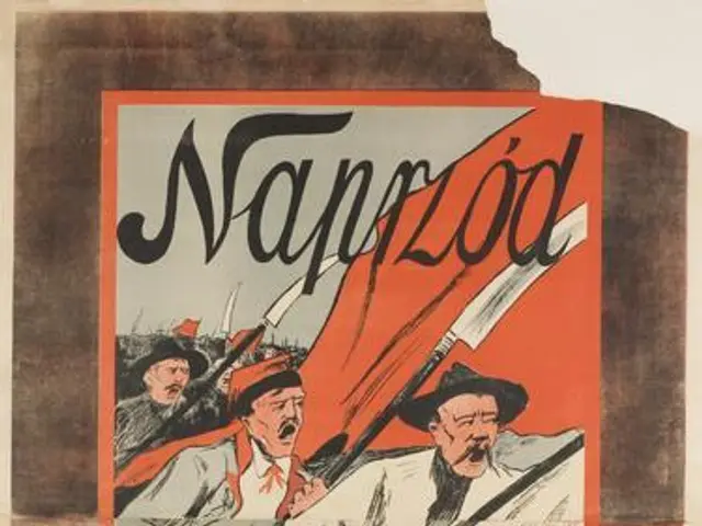 The image shows a Polish propaganda poster for the Polish Revolution featuring a man with a human...