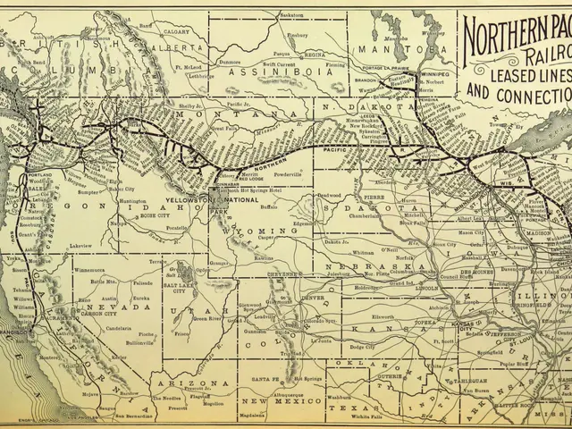The image shows a poster of a map of the Northern Pacific Railroad, with text detailing the various...