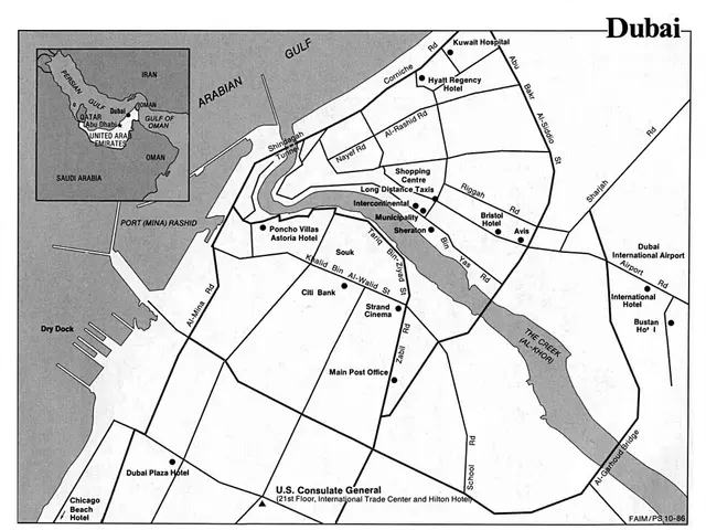 The image shows a black and white map of the city of Dubai, United Arab Emirates. It is a detailed...