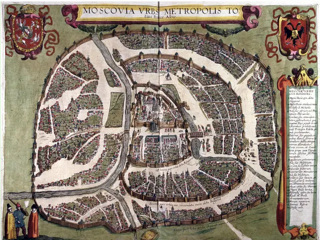The image shows a poster of a map of Moscow, Russia, with text and images of people. The map is...