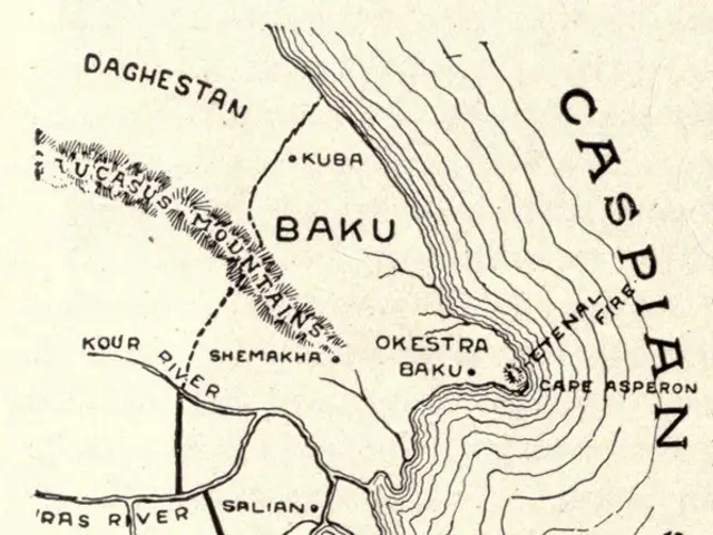 The image shows a poster with a map of the Caspian Sea, with text written on it. The map is...
