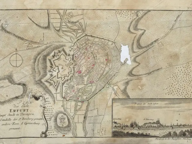 The image shows an old map of the city of Erfurt, Germany, with text and pictures on the paper. The...