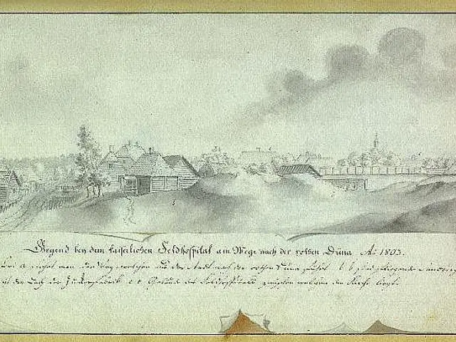 The image shows an old document with a drawing of a cityscape in the background, depicting the...