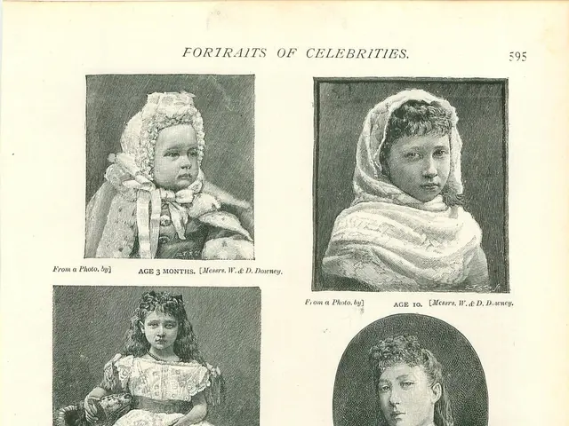 The image shows an old book with pictures of women and children on it. The book is open to a page...