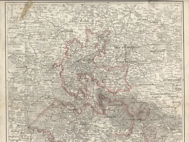The image shows an old map of Germany with a black border and text written on it. The map is...