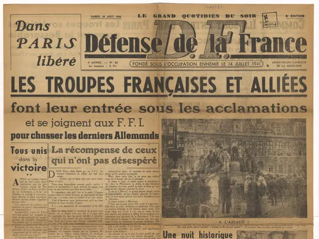 The image shows the front page of the French newspaper Defense de la France, with text and...