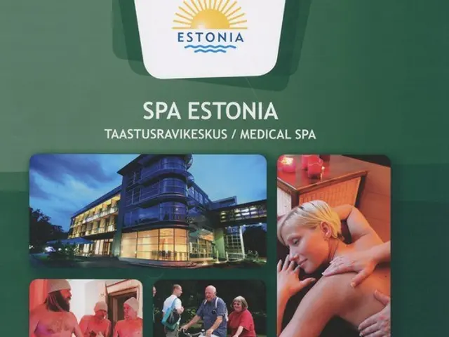 The image shows a brochure for a spa in Estonia. It features a few people in the water, a person...