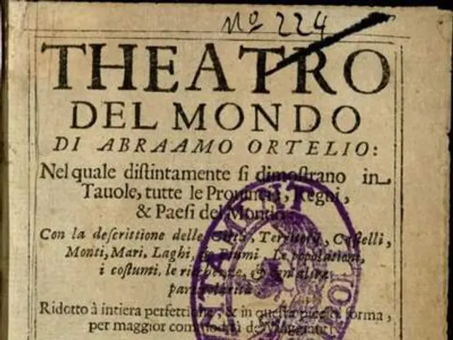 The image shows an old book with a purple stamp on it, set against a black background. The text on...