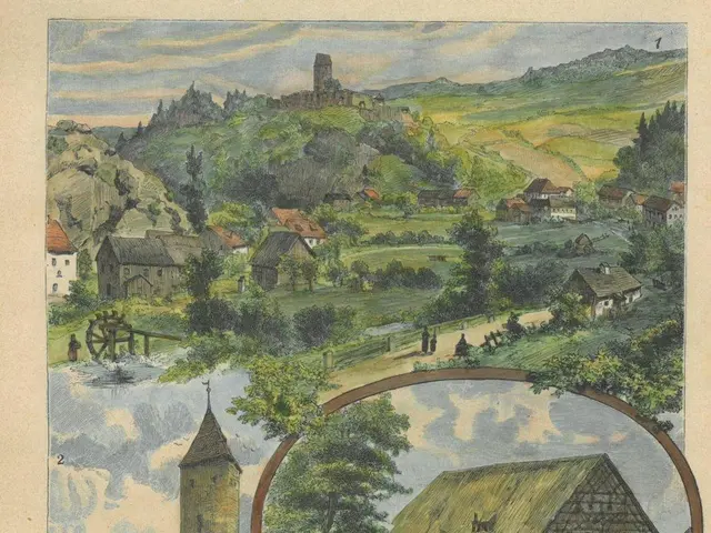 The image shows an old book with a drawing of a village in the middle of it, surrounded by houses,...