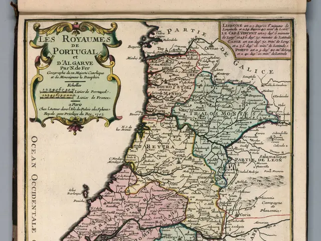 The image shows an old book with a map of Portugal on it. The map is detailed and shows the various...
