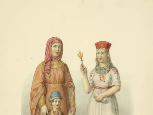 The image shows a painting of two women and a child standing next to each other. The woman on the...