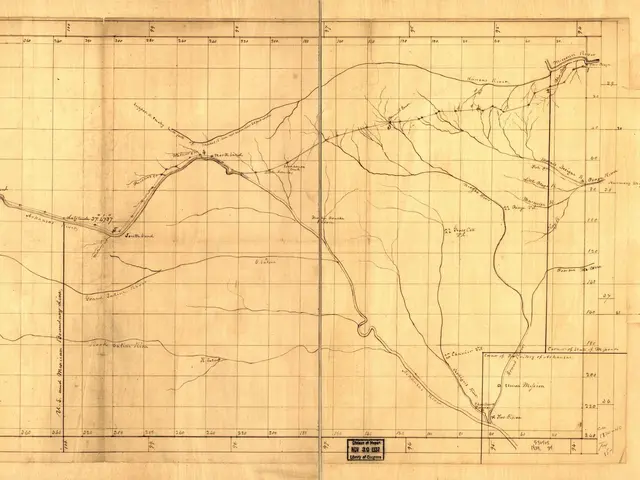 The image shows an old book with a drawing of a map on it. The map is detailed and shows the...