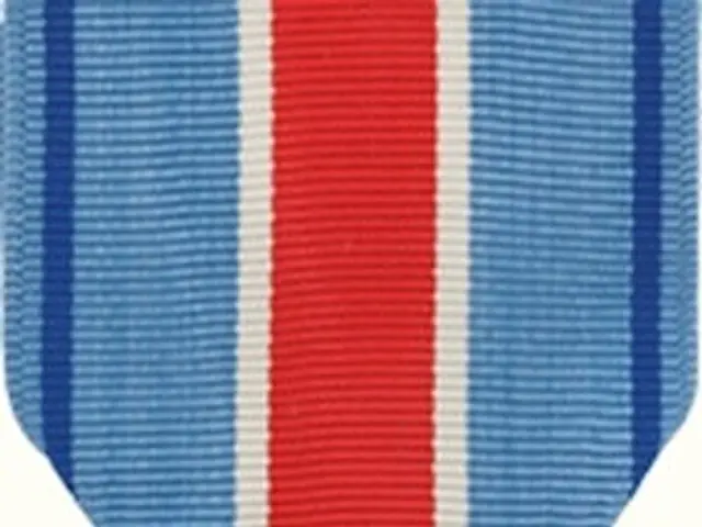 The image shows a silver medal with a red, white and blue ribbon attached to it, with the words...