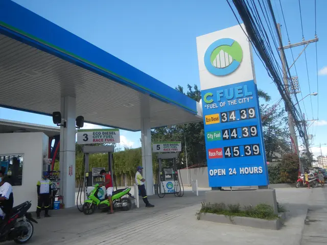 The image shows a gas station with a sign that reads "Fuel of the City" and a few people standing...