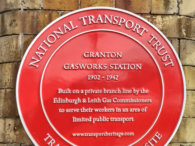 The image shows a red plaque on the side of a brick building that reads "National Transport Trust"....