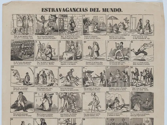 The image shows an old book with a variety of pictures and text on it. The pictures depict people...