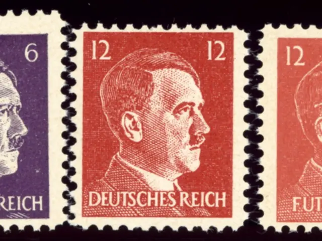 The image shows three postage stamps with Adolf Hitler's face on them against a black background.